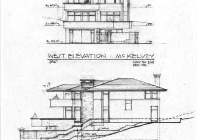 Architectural elevation drawings of a multi-story residential building with annotations and dimensions.