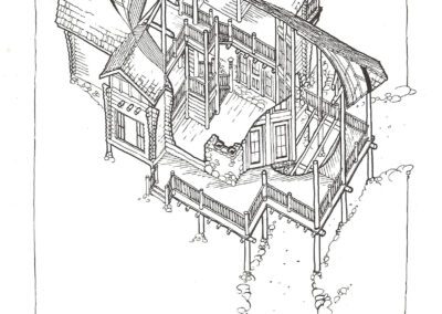 Architectural line drawing of a multi-story log home with detailed design elements, labeled "log home for the deschutes.