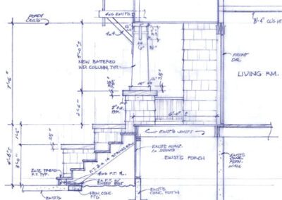 Hand-drawn architectural diagram detailing the porch stair section of a house.