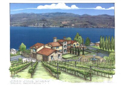 Architectural rendering of jiren jong winery with vineyards in the foreground and a lake and hills in the background.