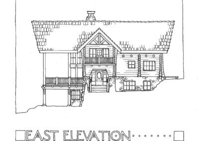 Architectural line drawing of the east elevation of a house with a gabled roof and porch.