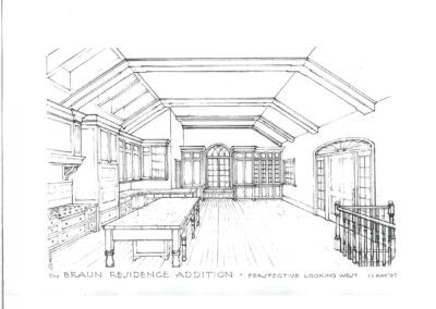 Architectural sketch of a residential interior room addition with a view looking west.