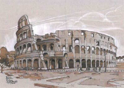 Sepia-toned sketch of the colosseum in rome, dated march 3, 2000.