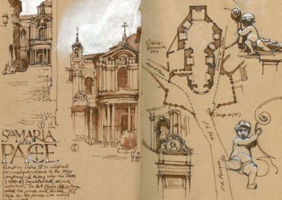 Sketchbook page with architectural drawings and notes, featuring detailed studies of a building facade, a floor plan, and decorative elements.